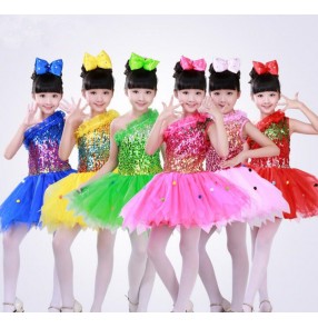 Yellow gold royal blue green fuchsia hot pink light pink girls kids children sequined one shoulder school play jazz dance dresses outfits